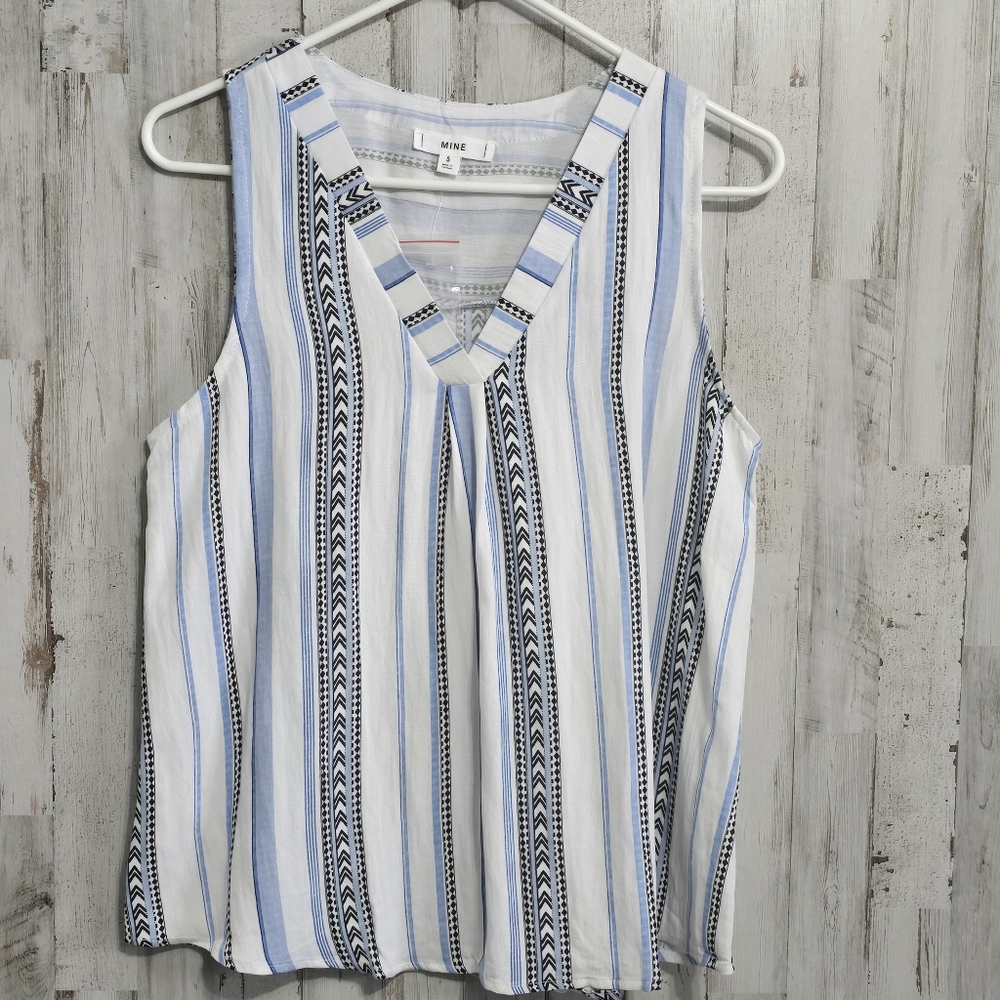 MINE Blue White Black Striped Sleeveless V Neck Button Back Shirt Small